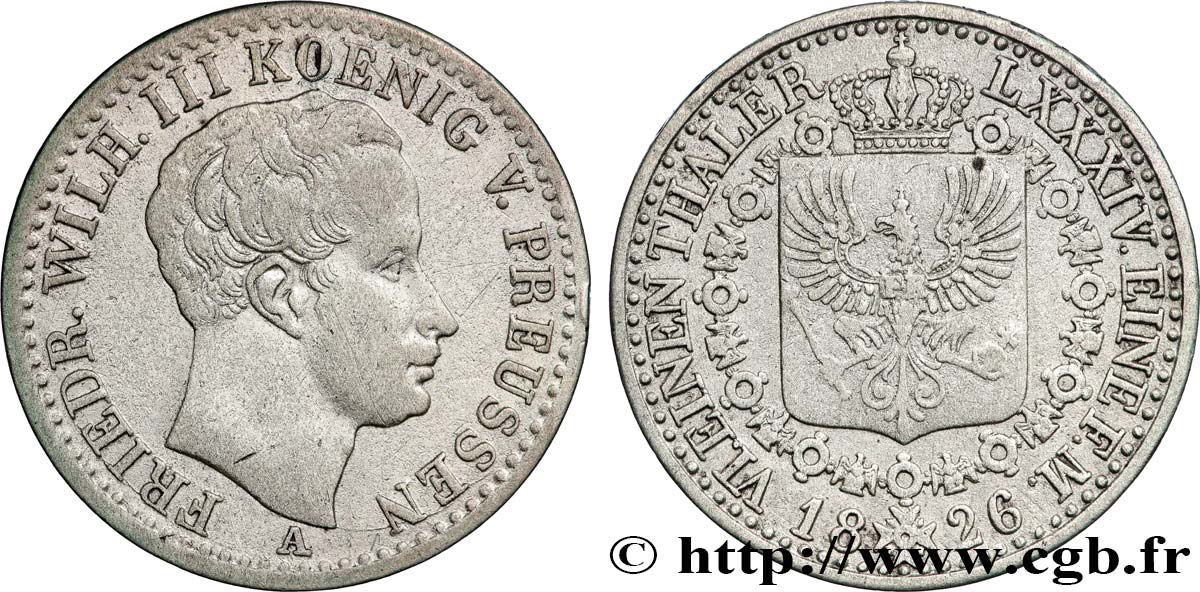 GERMANIA - PRUSSIA 1/6 Thaler Frédéric-Guillaume III roi de Prusse 1826 Berlin BB 