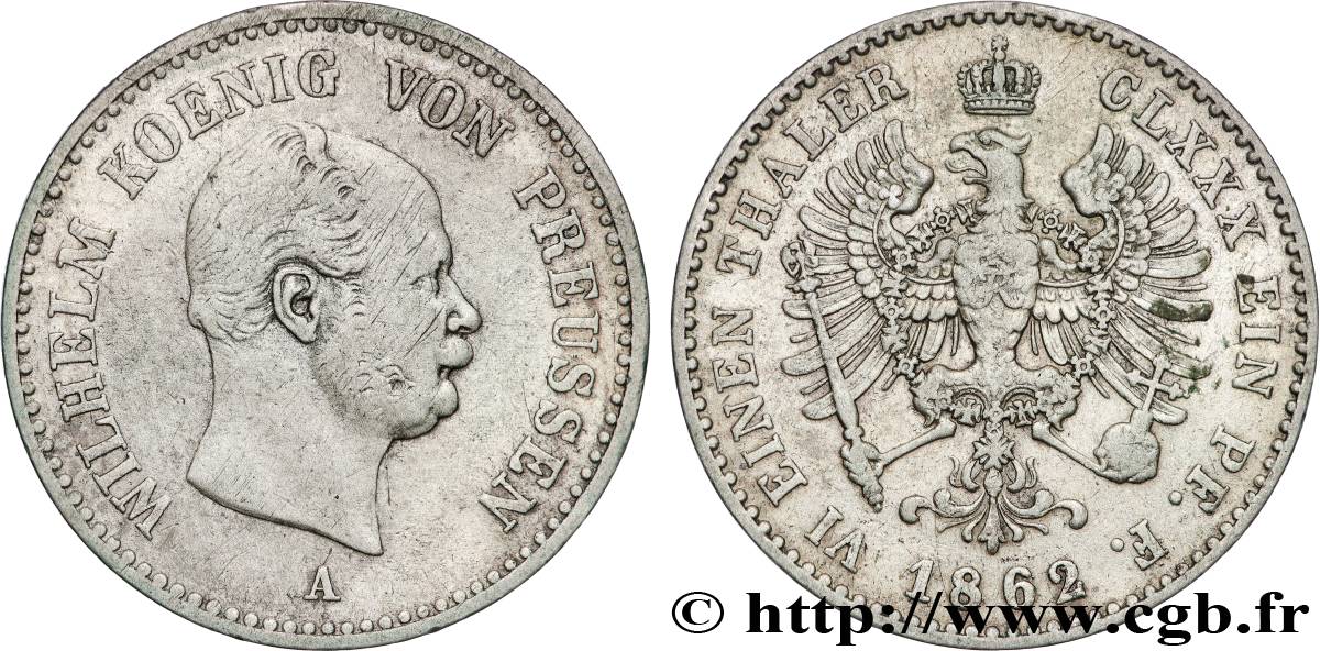 GERMANIA - PRUSSIA 1/6 Thaler Guillaume roi de Prusse / aigle couronné 1862 Berlin q.BB 