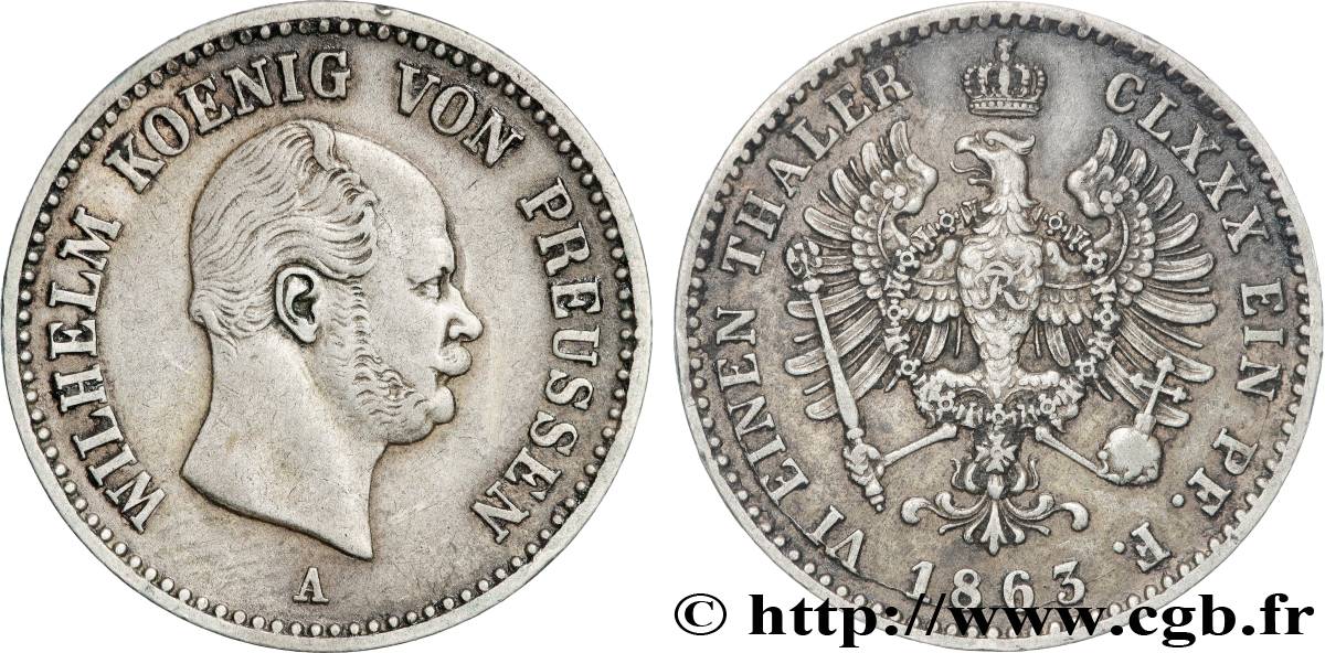 GERMANIA - PRUSSIA 1/6 Thaler Guillaume roi de Prusse / aigle couronné 1863 Berlin BB 