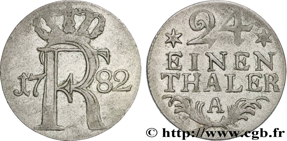 GERMANY - PRUSSIA 1/24 Thaler Royaume de Prusse monogramme de Frédéric II 1782 Berlin XF 