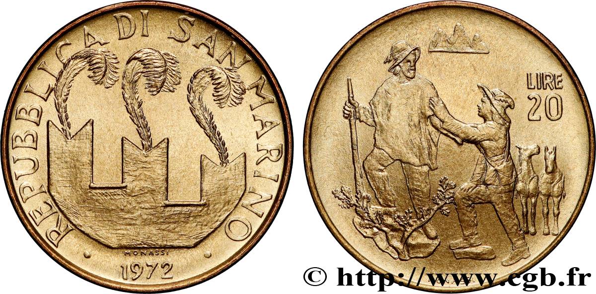SAN MARINO 20 Lire vue des 3 chateaux / arrivée de Garibaldi à San Marin 1972 Rome - R fST 