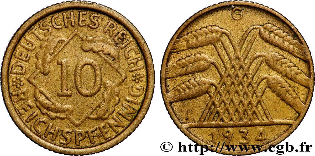 GERMANIA 10 Reichspfennig gerbe de blé 1934 Karlsruhe - G BB 