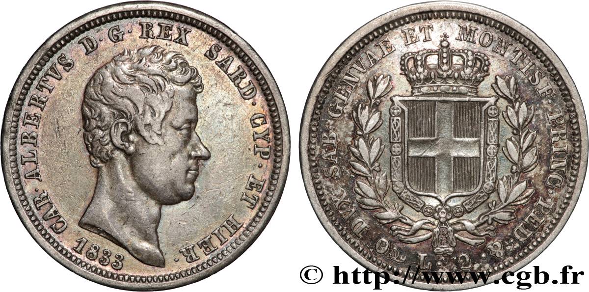 ITALIA - REGNO DE SARDINIA - CARLO ALBERTO 2 Lire 1833 Gênes BB 