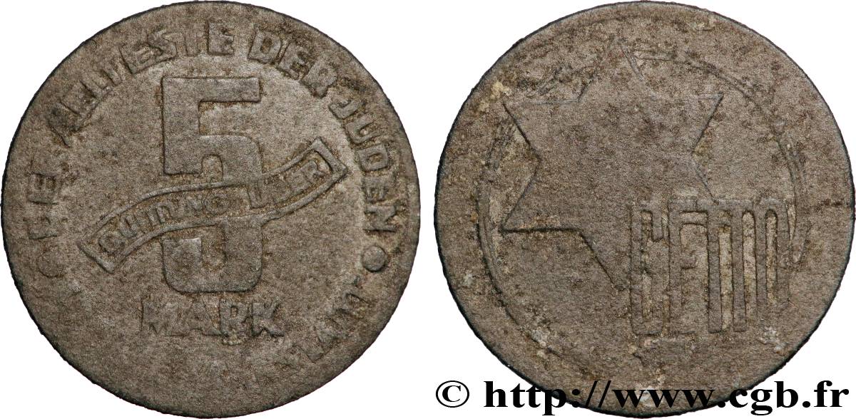 POLOGNE - OCCUPATION ALLEMANDE - GHETTO DE LODZ 5 Mark 1943 Lodz TB+ 