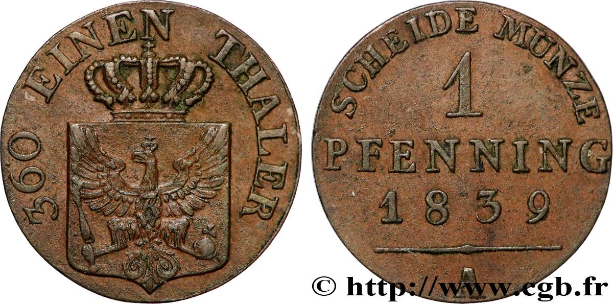 GERMANY - PRUSSIA 1 Pfenninge Royaume de Prusse écu à l’aigle 1839 Berlin AU 