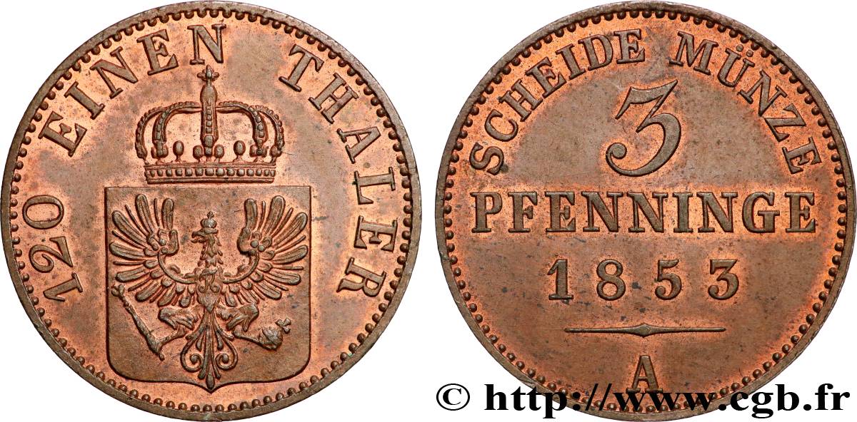 ALEMANIA - PRUSIA 3 Pfenninge Royaume de Prusse écu à l’aigle 1853 Berlin EBC 