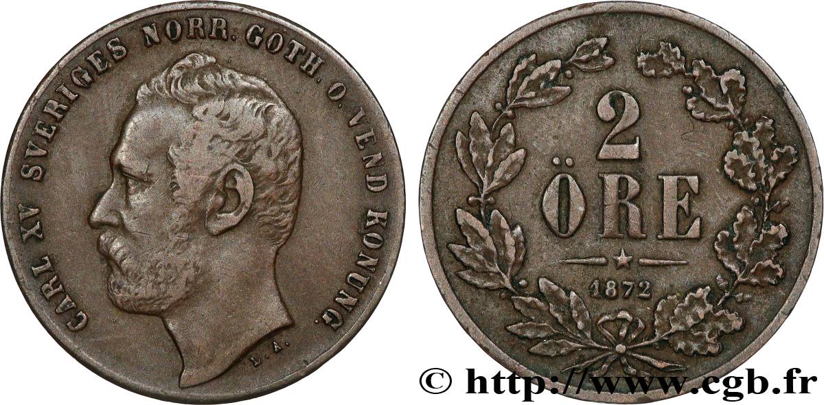 SWEDEN 2 Ore Charles XV 1872  VF 