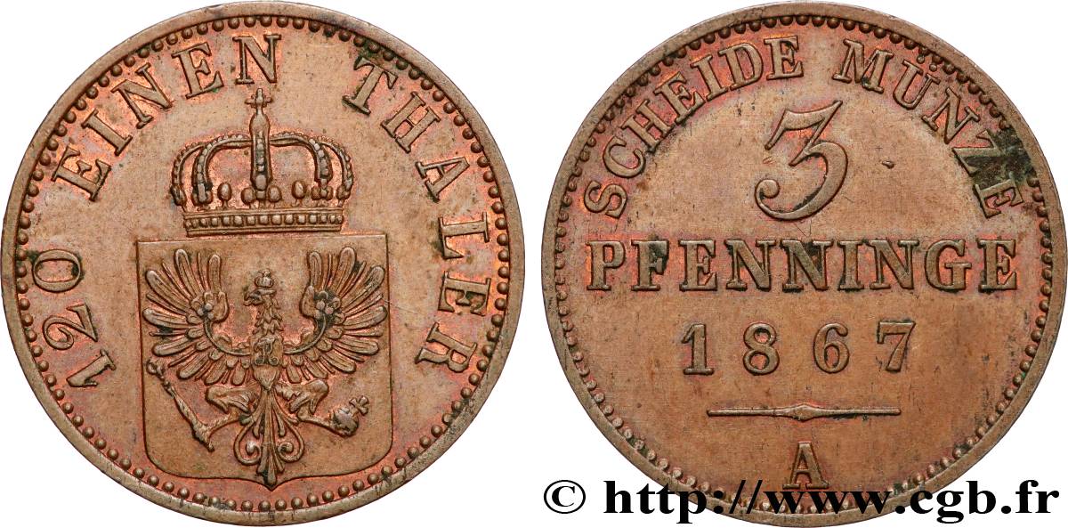 ALLEMAGNE - PRUSSE 3 Pfenninge Royaume de Prusse 1867 Berlin SUP 