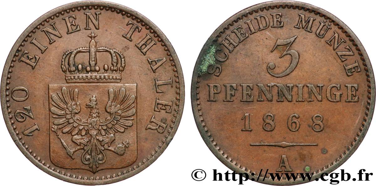 GERMANY - PRUSSIA 3 Pfenninge 1868 Berlin AU 