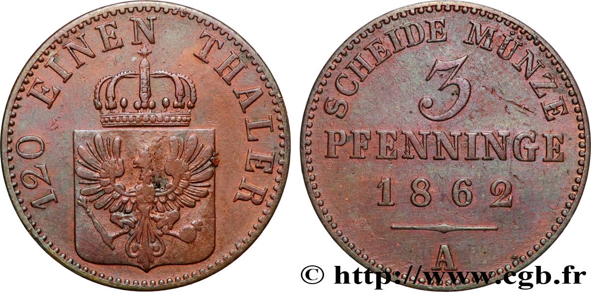 GERMANIA - PRUSSIA 3 Pfenninge Royaume de Prusse écu à l’aigle 1862 Berlin BB 