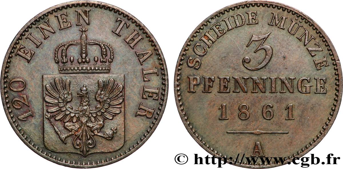 GERMANY - PRUSSIA 3 Pfenninge Royaume de Prusse  1861 Berlin AU 