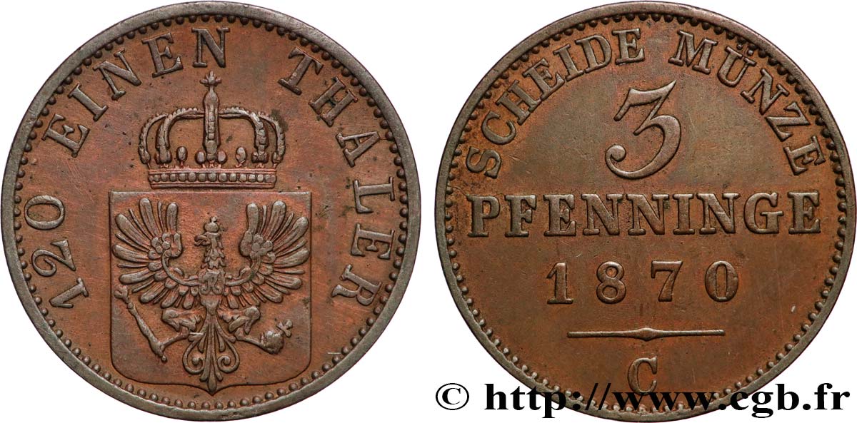 GERMANY - PRUSSIA 3 Pfenninge 1870 Francfort AU 