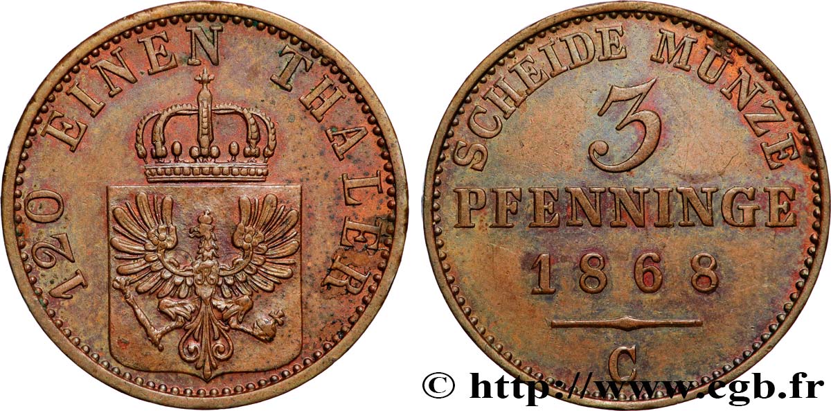 ALEMANIA - PRUSIA 3 Pfenninge Royaume de Prusse 1868 Francfort - C MBC+ 