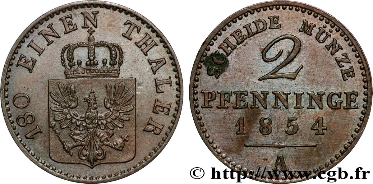 GERMANY - PRUSSIA 2 Pfenninge Royaume de Prusse 1854 Berlin AU 