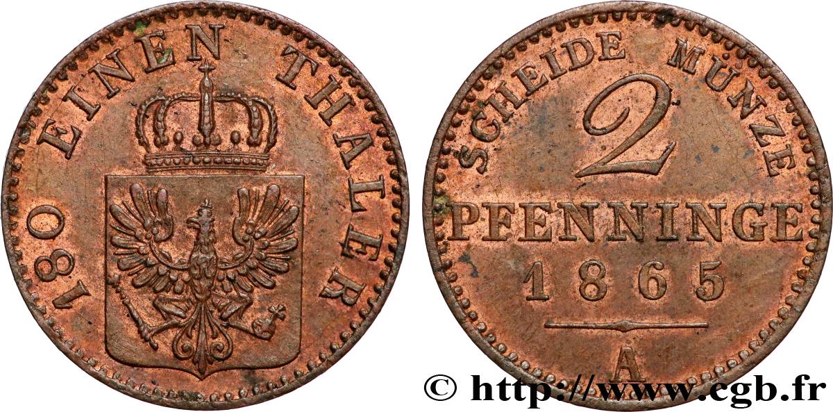 ALLEMAGNE - PRUSSE 2 Pfenninge 1865 Berlin SUP 