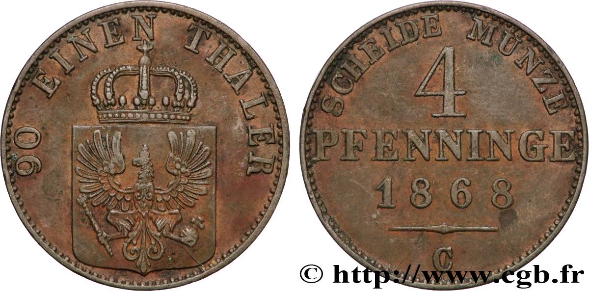 GERMANY - PRUSSIA 4 Pfenninge Royaume de Prusse écu à l’aigle 1868 Francfort - C AU 