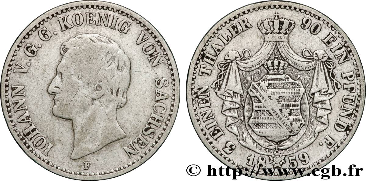 ALEMANIA - SAJONIA 1/3 Thaler Royaume de Saxe, Johann roi de Saxe 1859 Dresde BC 