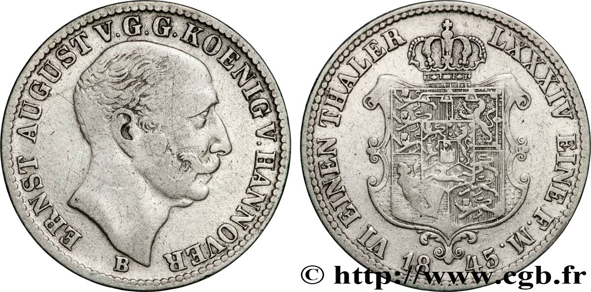 ALLEMAGNE - HANOVRE 1/6 Thaler Ernest August roi de Hanovre 1845 Hanovre TB+ 