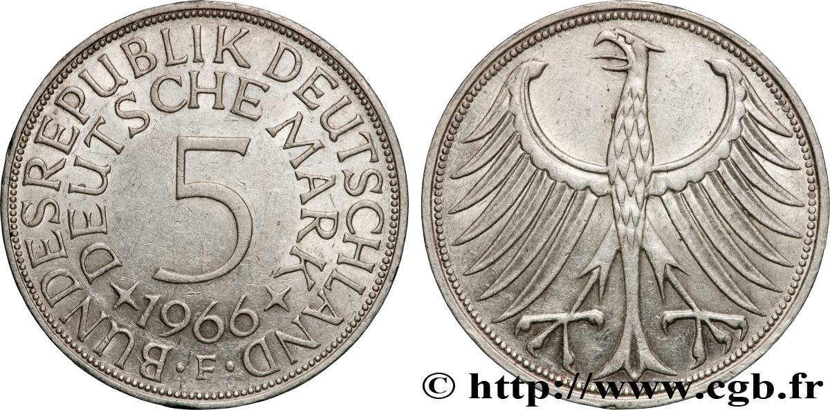 ALLEMAGNE 5 Mark aigle héraldique 1966 Stuttgart TTB+ 