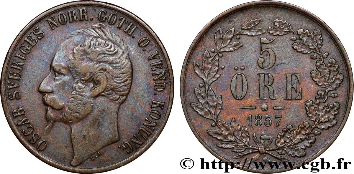 SUÈDE 5 Ore Oscar Ier 1857  TTB 