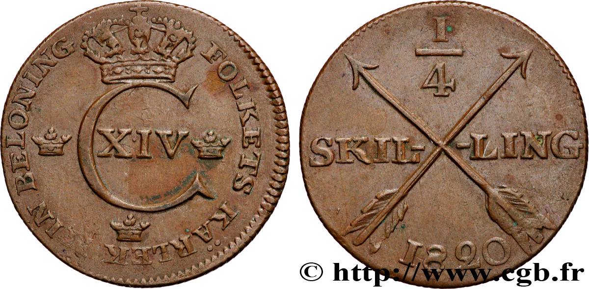 SWEDEN 1/4 Skilling Charles XIV 1820  XF 