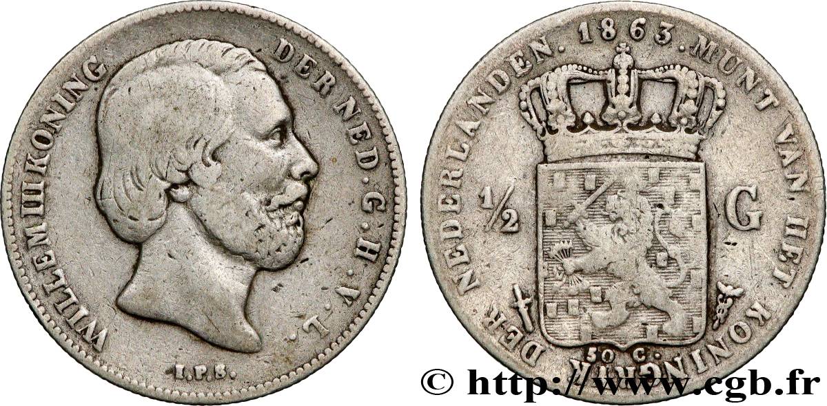 NETHERLANDS 1/2 Gulden Guillaume III 1863 Utrecht VF 