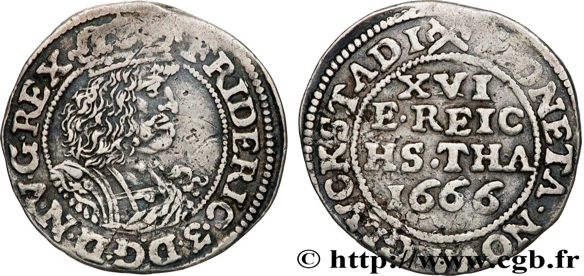 DANEMARK - ROYAUME DE DANEMARK - FRÉDÉRIC III 1/16 Thaler  1666 Copenhague TTB 