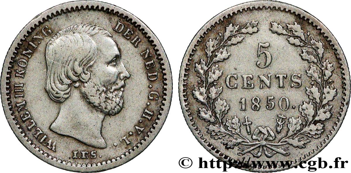 NETHERLANDS 5 Cents Guillaume III 1850 Utrecht AU 