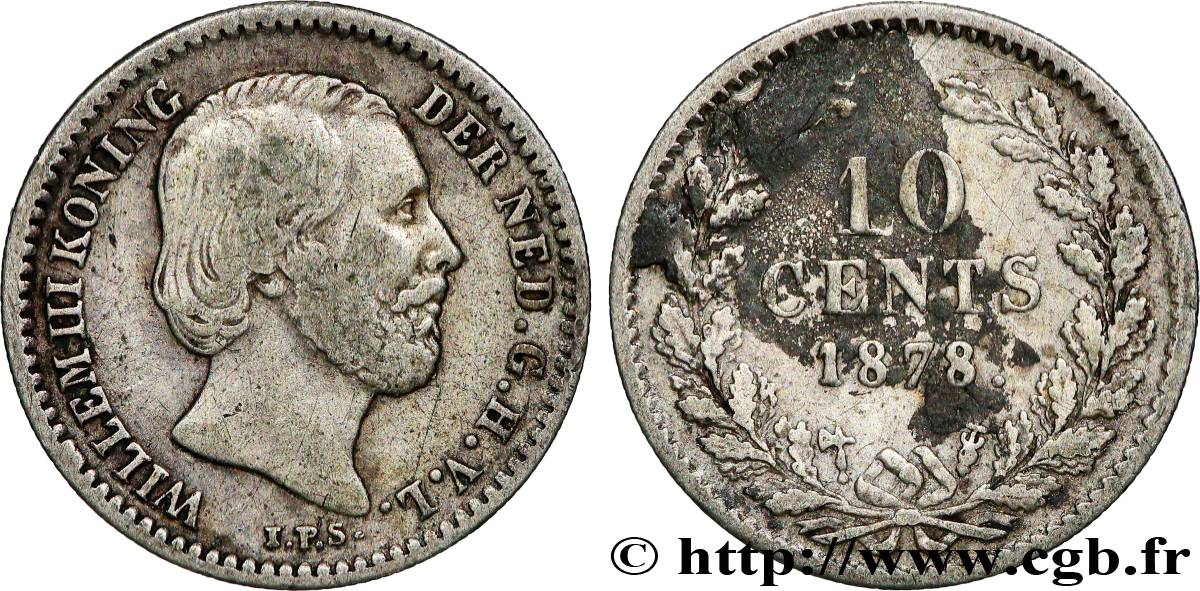 NETHERLANDS 10 Cents Guillaume III 1878 Utrecht XF 