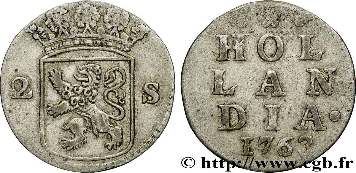 NETHERLANDS - UNITED PROVINCES 2 Stuivers Hollande : armes couronnée 1763  XF 