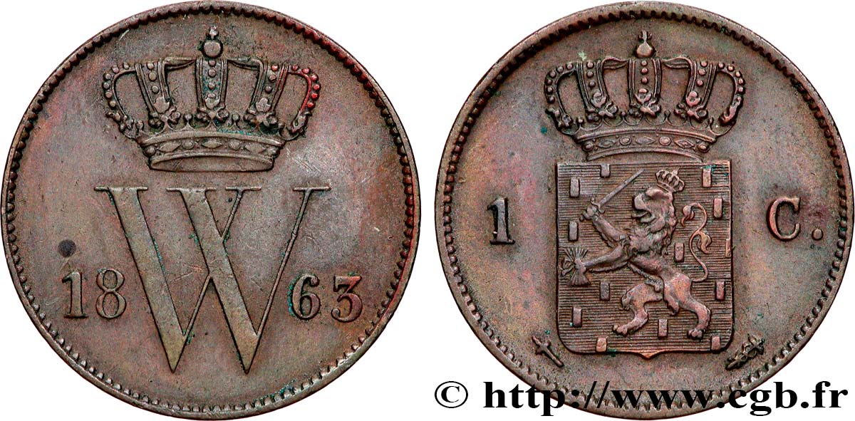 PAYS-BAS 1 Cent Guillaume III 1863 Utrecht TTB+ 