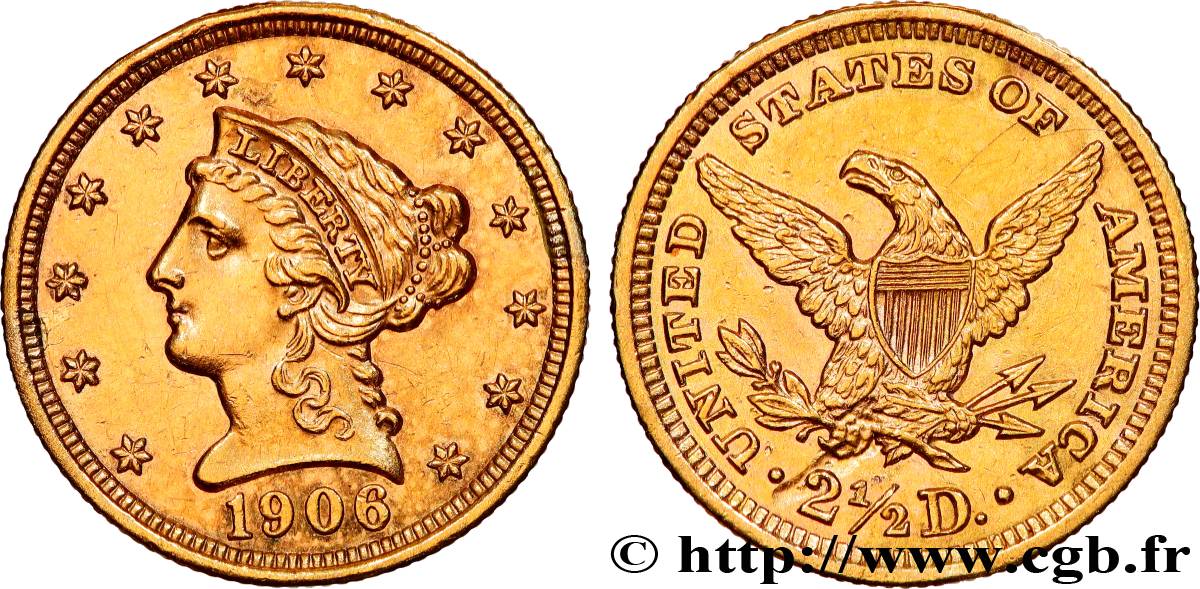 ÉTATS-UNIS D AMÉRIQUE 2 1/2 Dollars or (Quarter Eagle) type “Liberty Head” 1906 Philadelphie SUP 