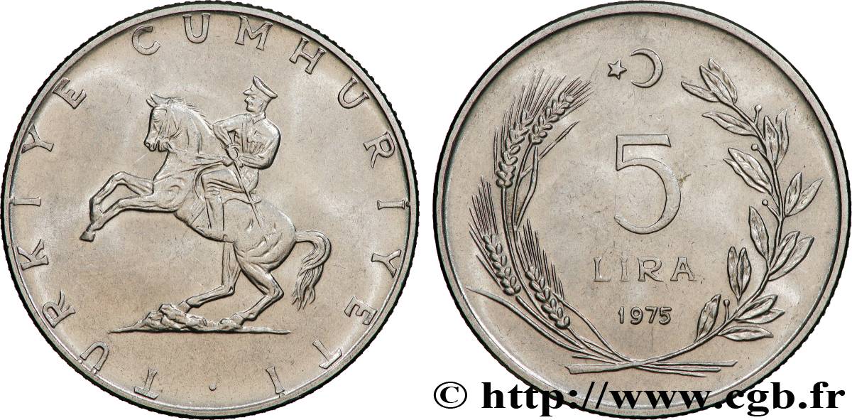 TURQUIE 5 Lira Atatürk à cheval 1975  SUP 