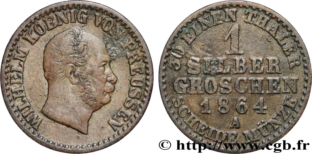 GERMANIA - PRUSSIA 1 Silbergroschen (1/30 Thaler) Guillaume Ier 1864 Berlin q.BB 