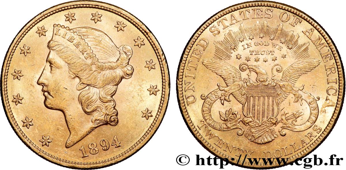 OR, PALLADIUM ET PLATINE INVESTISSEMENT 20 Dollars  Liberty  1894 Philadelphie TTB+ 