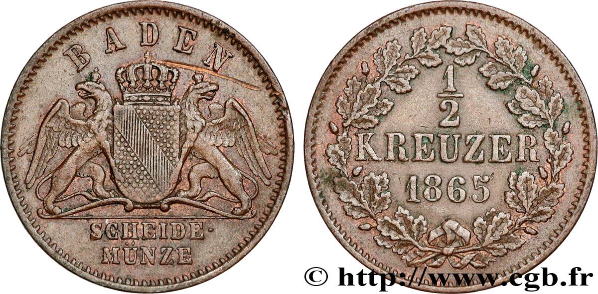 GERMANY - BADEN 1/2 Kreuzer Grand-Duché de Bade 1865  AU 