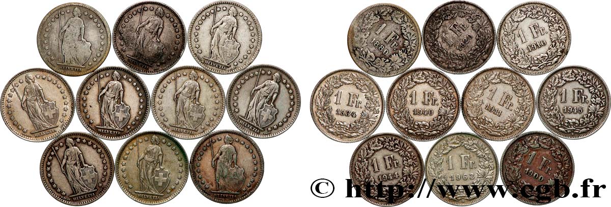 ARGENTO INVESTIMENTO Lot de 10 pièces de 1 Franc Helvetia n.d. Berne q.BB 