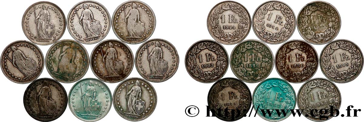 SILVER INVESTMENT Lot de 10 pièces de 1 Franc Helvetia n.d. Berne VF 