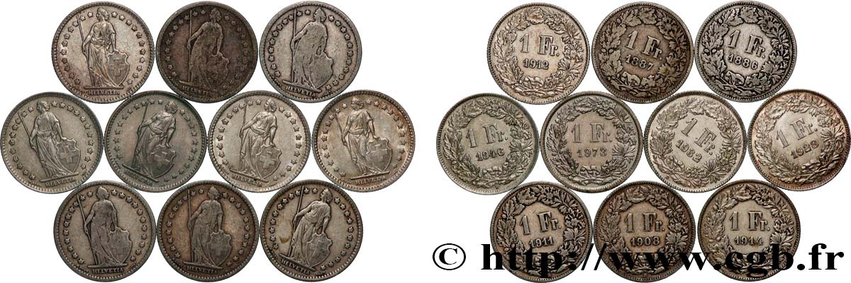 SILVER INVESTMENT Lot de 10 pièces de 1 Franc Helvetia n.d. Berne VF 