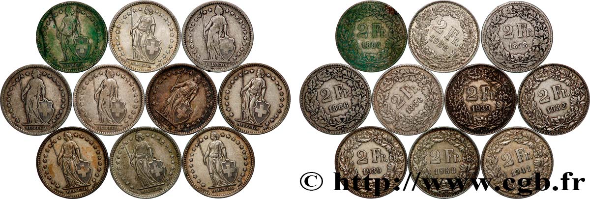 ARGENT D INVESTISSEMENT Lot de 10 pièces de 2 Francs Helvetia n.d. Berne