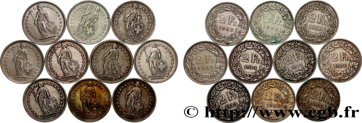 ARGENT D INVESTISSEMENT Lot de 10 pièces de 2 Francs Helvetia n.d. Berne TB+ 