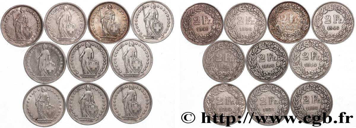 SILVER INVESTMENT Lot de 10 pièces de 2 Francs Helvetia n.d. Berne VF 