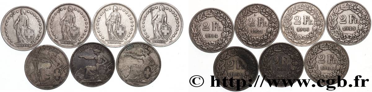 ARGENTO INVESTIMENTO Lot de 7 pièces de 2 Francs Helvetia n.d. Berne q.BB 