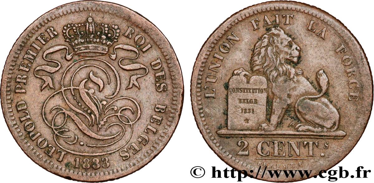 BELGIQUE 2 Centimes Léopold Ier 1833  TTB 