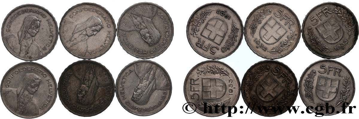 SILVER INVESTMENT Lot de 6 x 5 Francs Berger des alpes n.d. Berne XF 