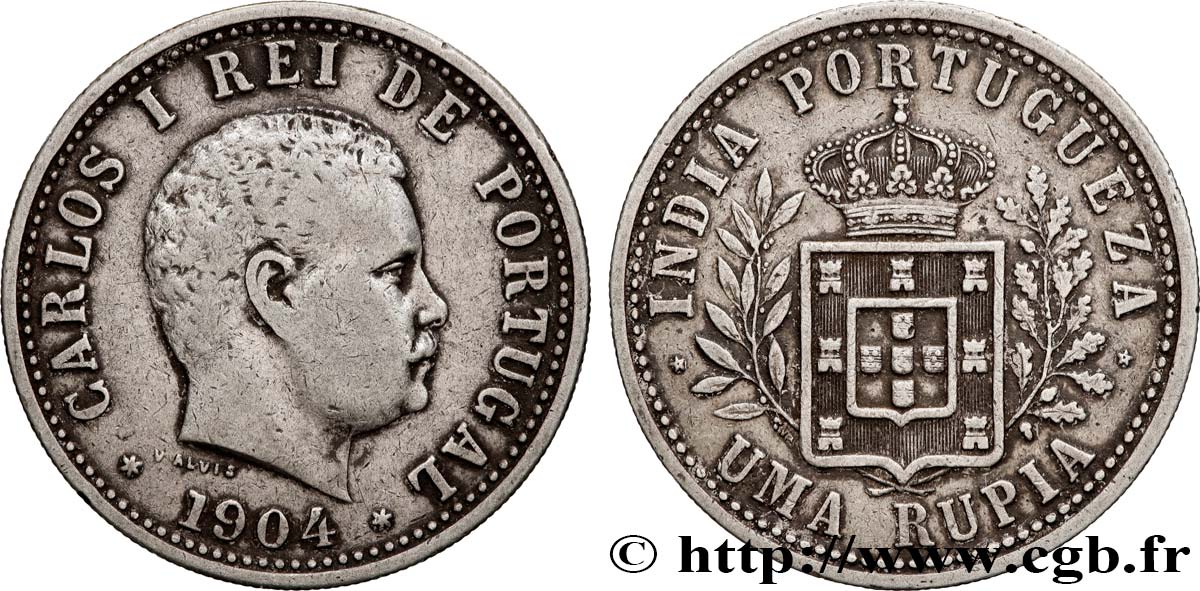 INDE PORTUGAISE 1 Rupia Charles Ier (Carlos) 1904  TTB 