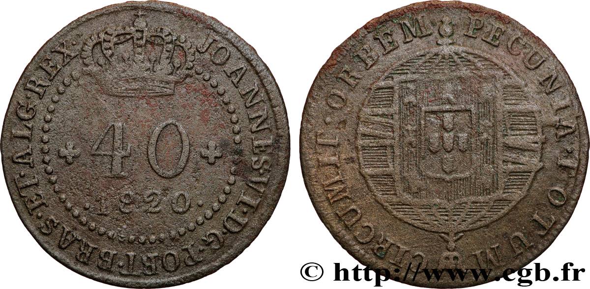 MOZAMBIQUE 40 Reis Jean VI type à 47 perles 1820 Rio de Janeiro MBC 