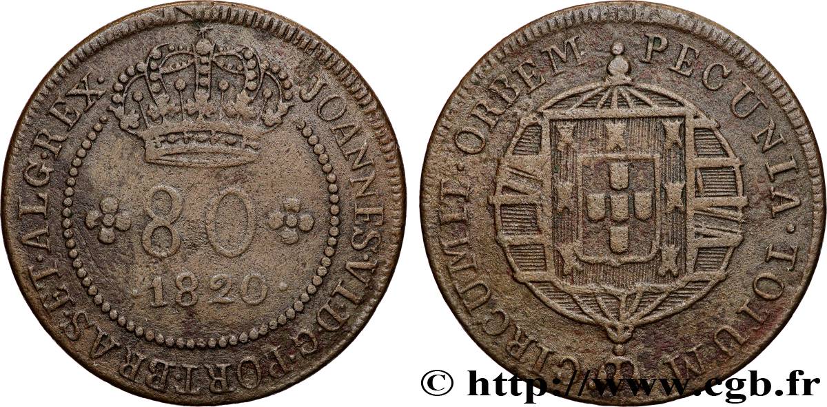 MOZAMBIQUE 80 Reis Jean VI type à 61 perles 1820 Rio de Janeiro TTB 