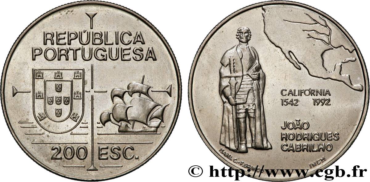 PORTUGAL 200 Escudos João Rodrigues Cabrilho, carte de l’Amérique du Nord 1992 Lisbonne MS 