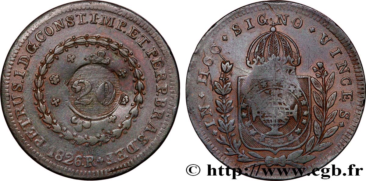 BRASILE 20 Réis Pierre II du Brésil contremarqué sur une 40 Réis 1826 (1835)  BB 